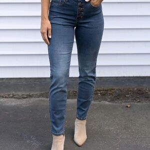 Grace & Lace Button Fly Repurposed Slim Straight Leg Denim / Vintage Mid-Wash/12